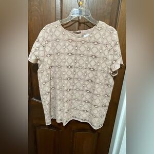 J. Jill women’s Lace overlay Blush pink geometric pattern Blouse ,short sleeve